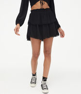 High-Waisted Lace-Trim Ruffle Skirt