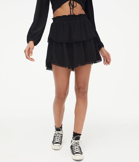 High-Waisted Lace-Trim Ruffle Skirt High-Waisted Lace-Trim Ruffle Skirt