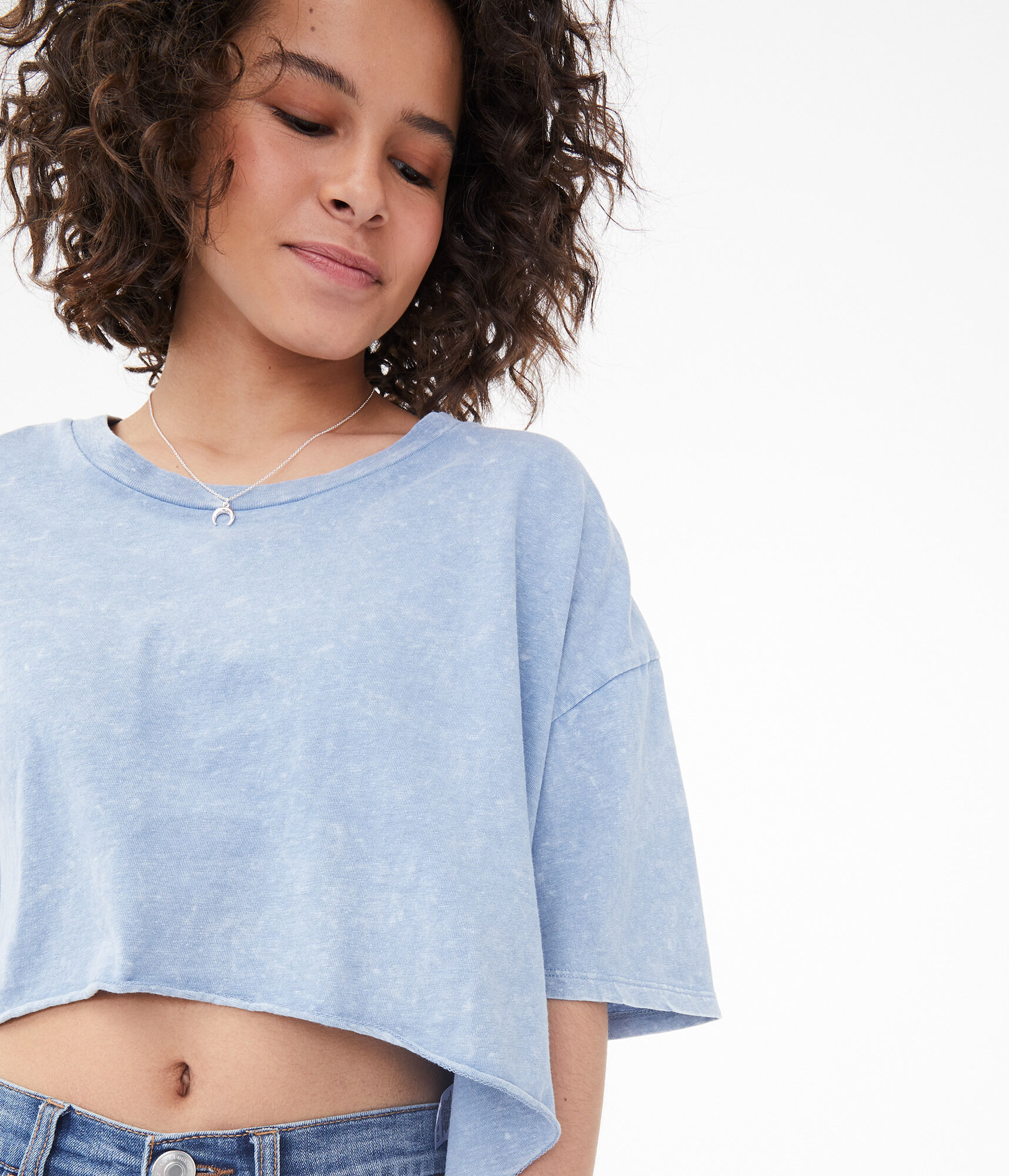 Denim Wash Sharkbite Cropped Crew Tee