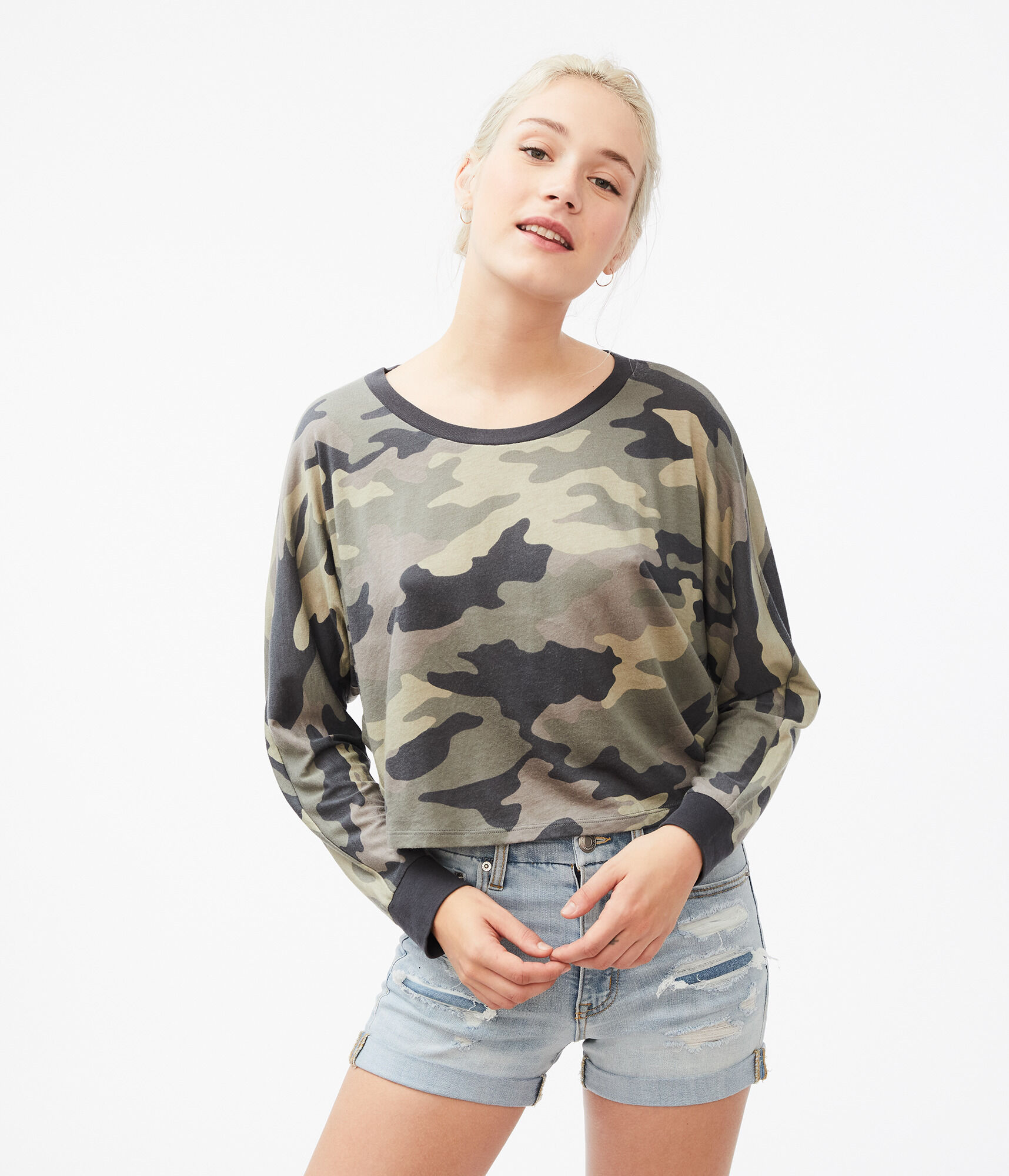 Camo Open-Back Dolman-Sleeve Top***