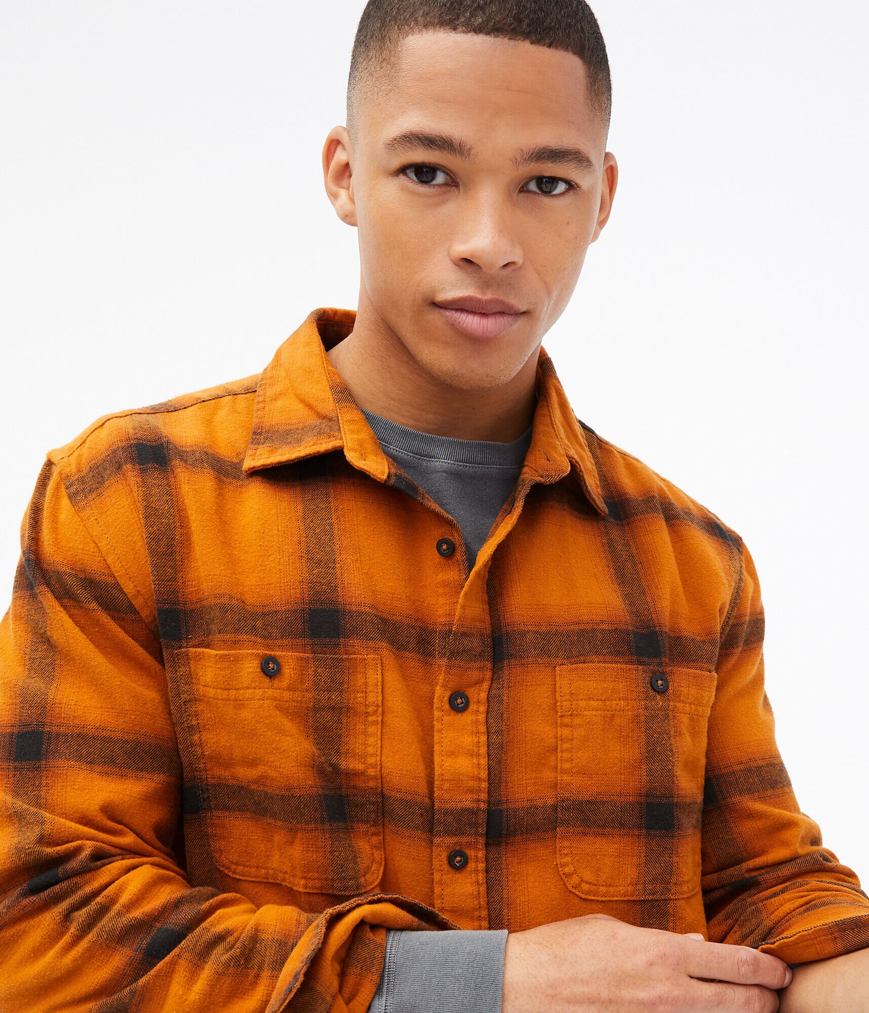 Long Sleeve Relaxed Plaid Flannel Button-Down Shirt