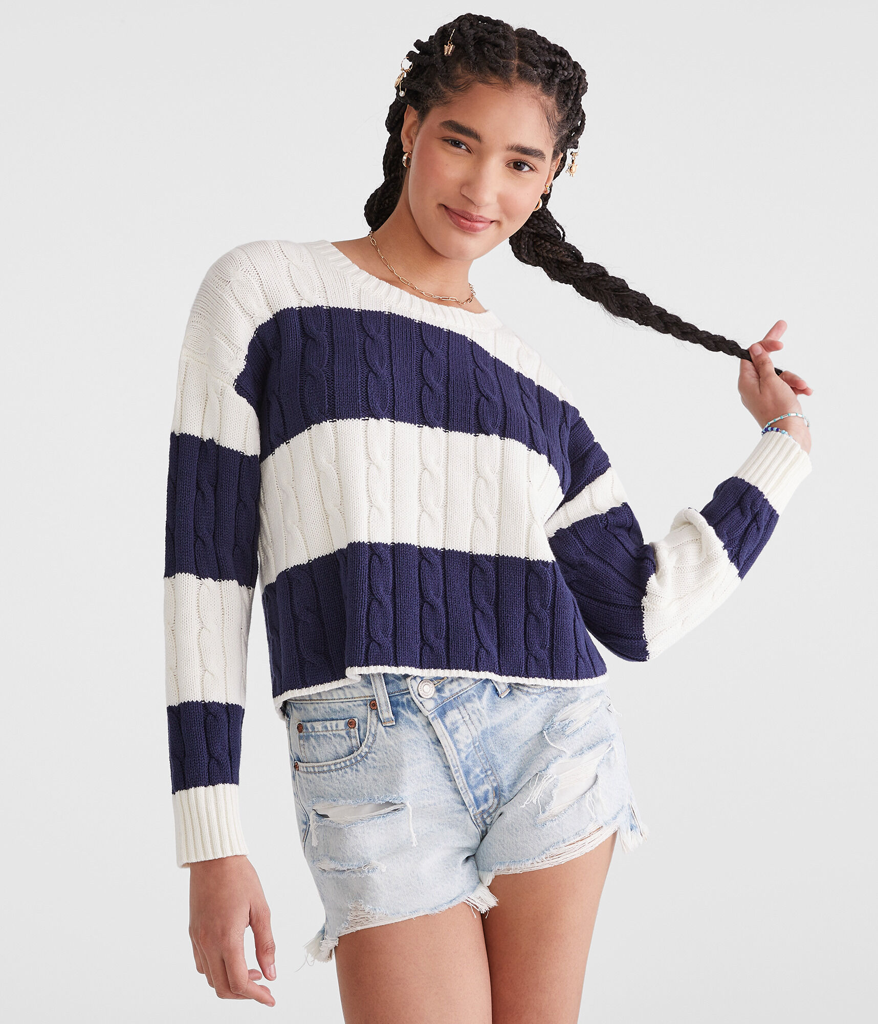 Striped Cable Cropped Crew Sweater