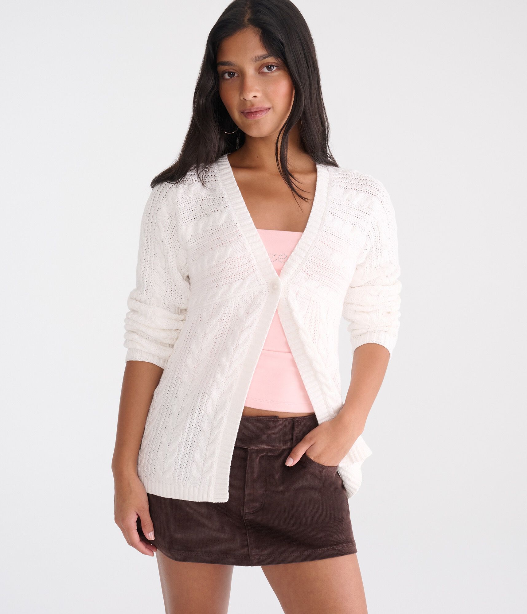 Babydoll One-Button Cable Cardigan