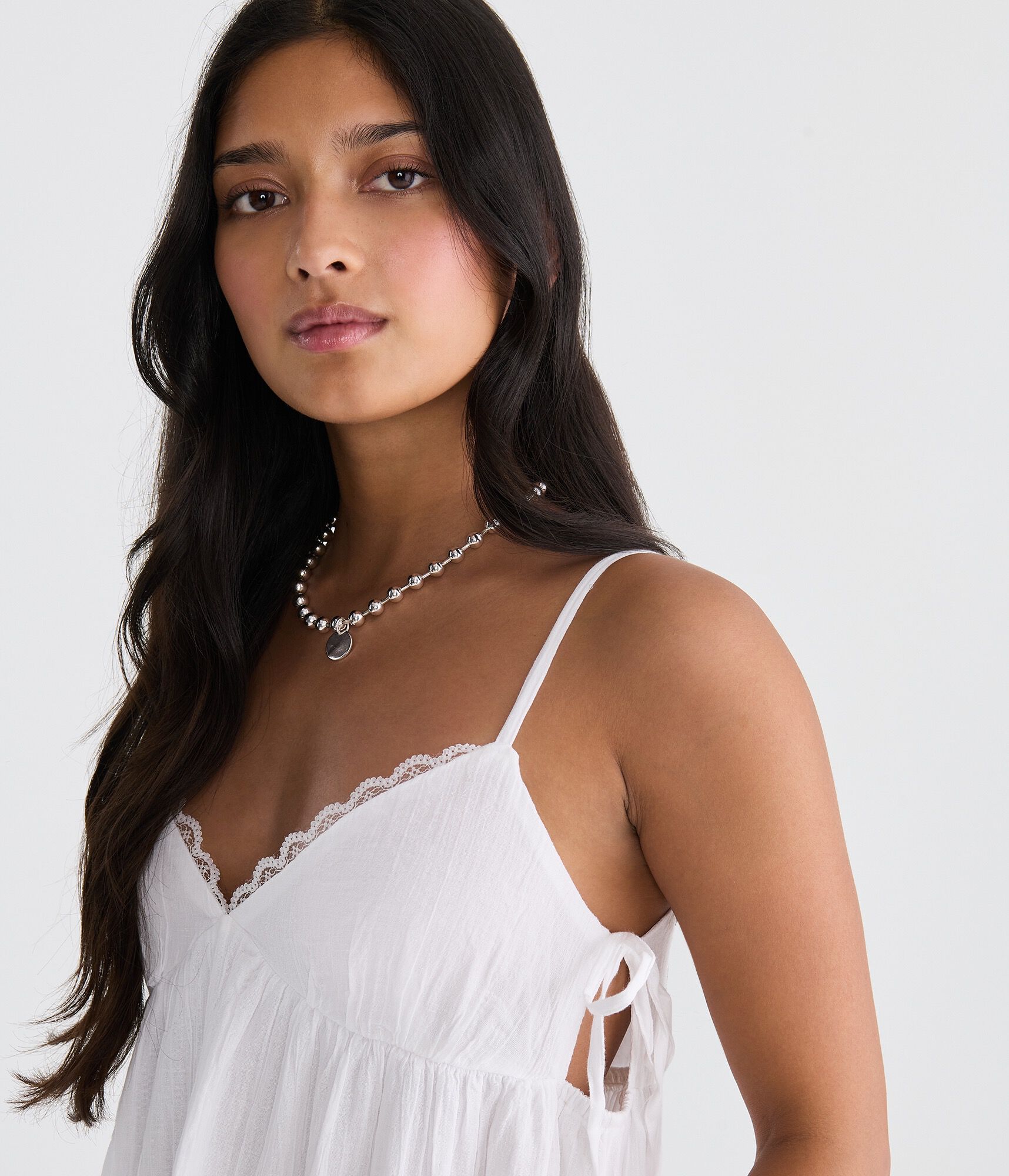 Solid V-Neck Lace-Trim Babydoll Mini Dress