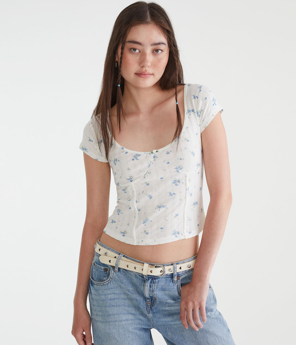 Floral Pointelle Scoop-Neck Top