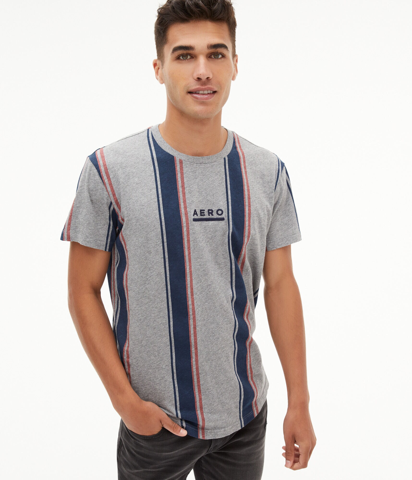 Aero Vertical Stripe Curved Hem Graphic Tee