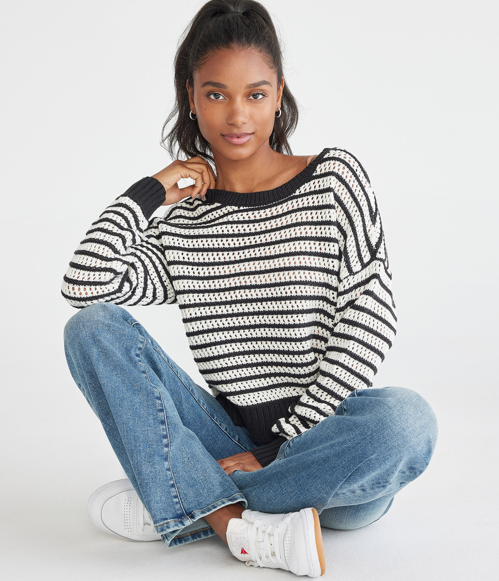 Striped Open Knit High-Low Crew Sweater
