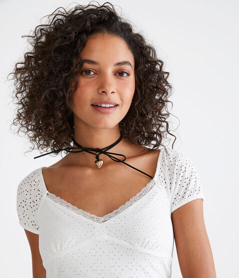 Eyelet Ruched Lace-Trim Crop Top Eyelet Ruched Lace-Trim Crop Top