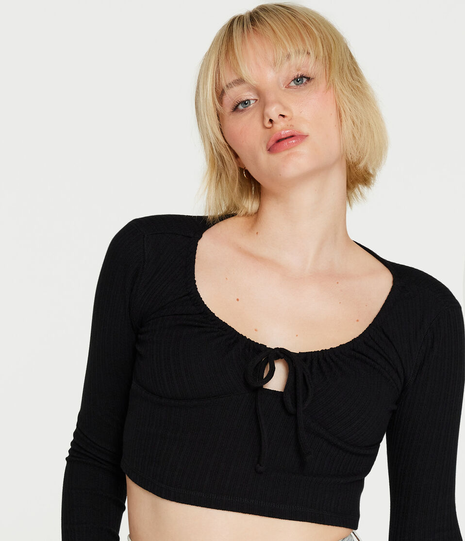Long Sleeve Tie-Front Cropped Shrunken Tee