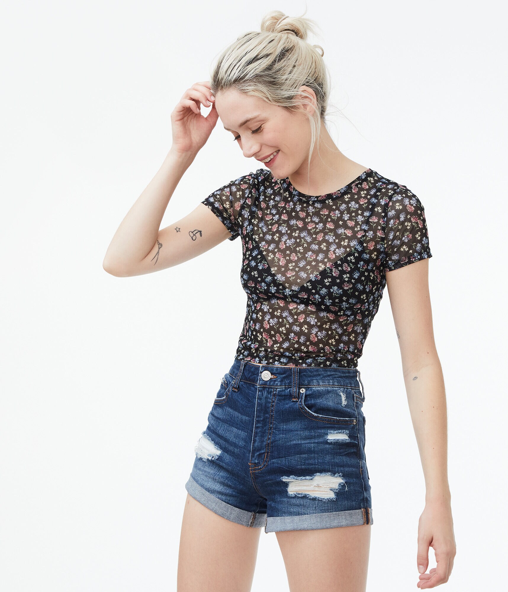 Floral Mesh Shrunken Tee