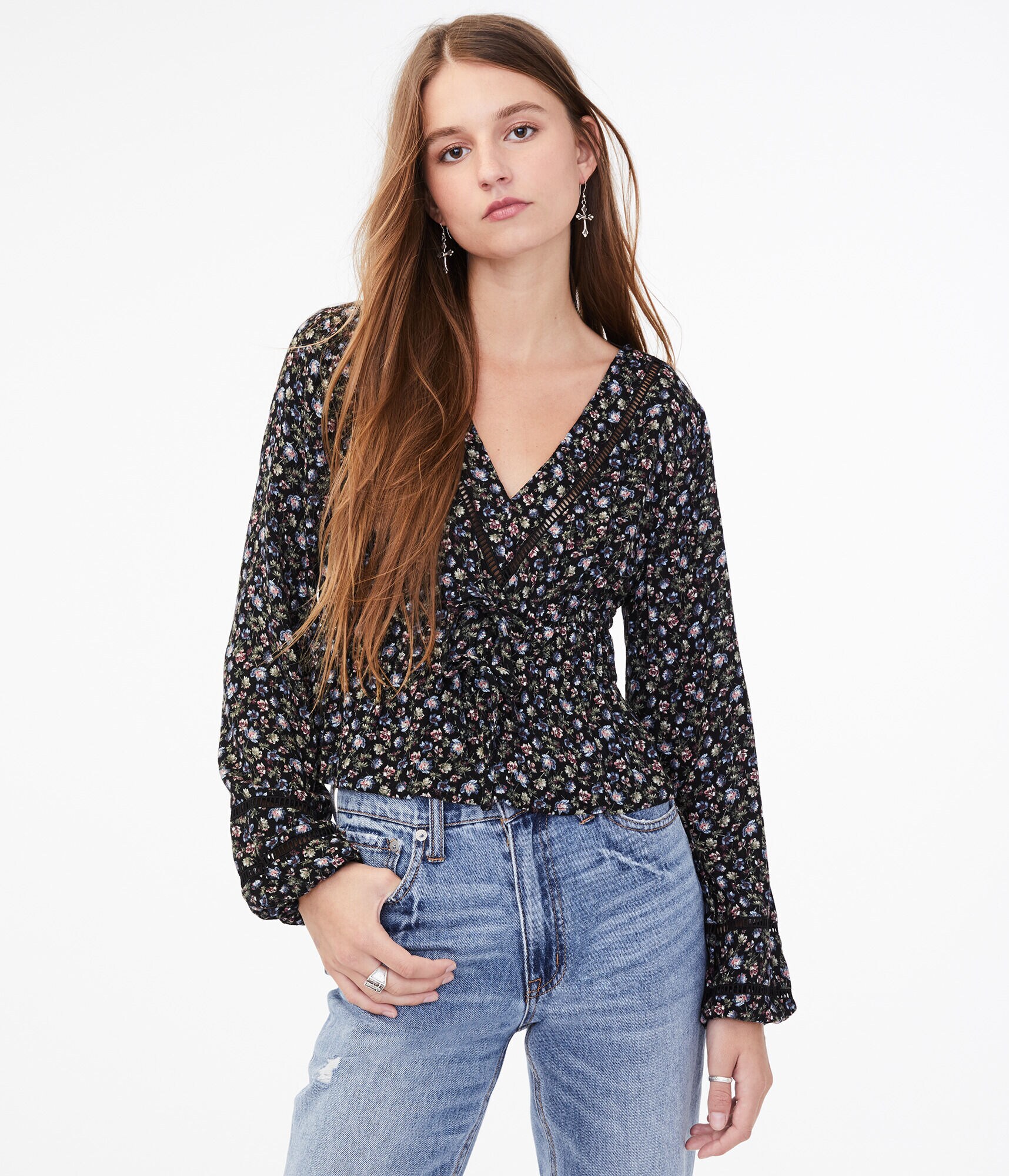 Long Sleeve Floral Tie V-Neck Top