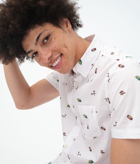 Camping Print Button-Down Shirt