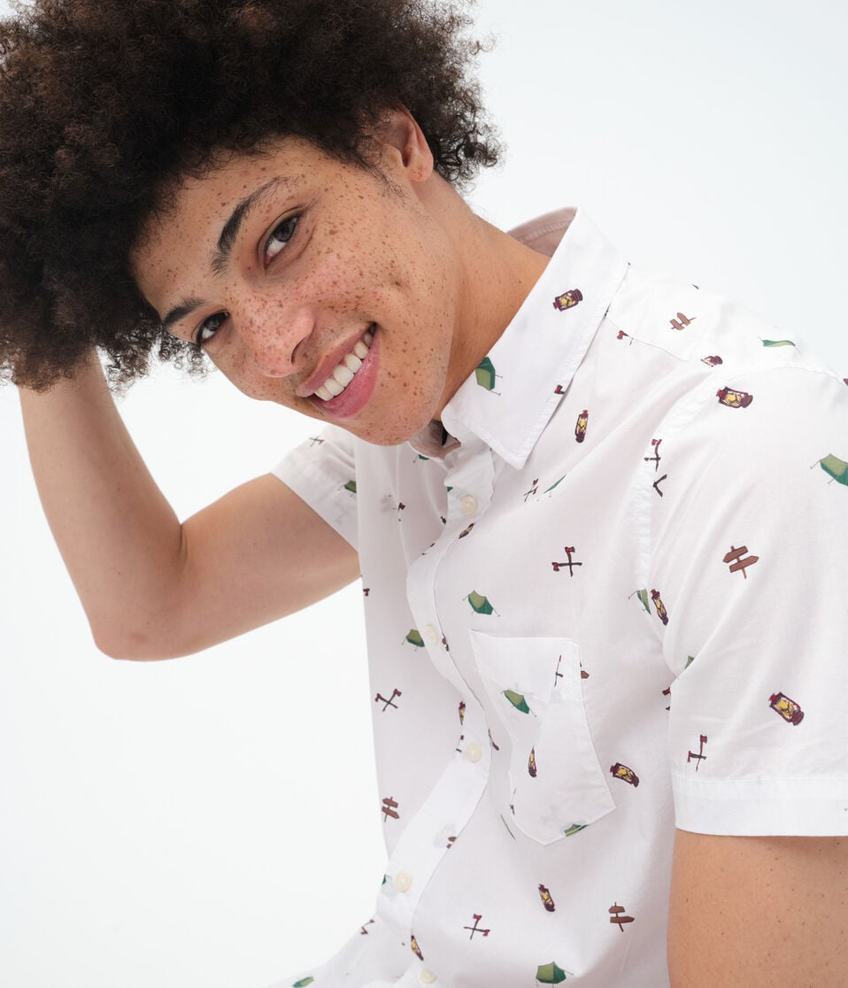 Camping Print Button-Down Shirt