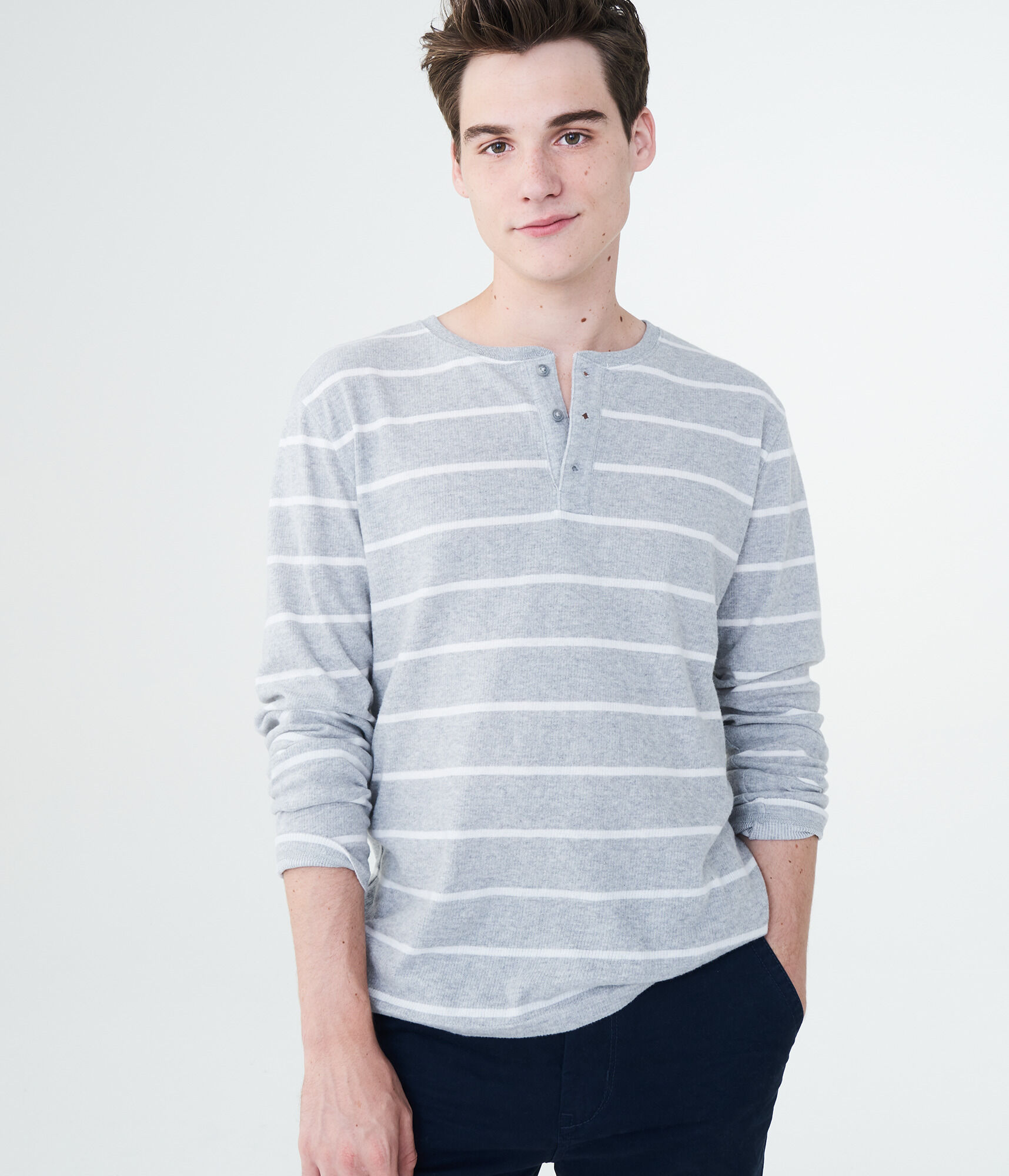 Long Sleeve Striped RibKnit Henley