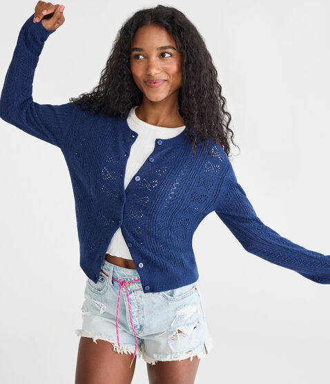 Pointelle Bow Crew Cardigan Pointelle Bow Crew Cardigan