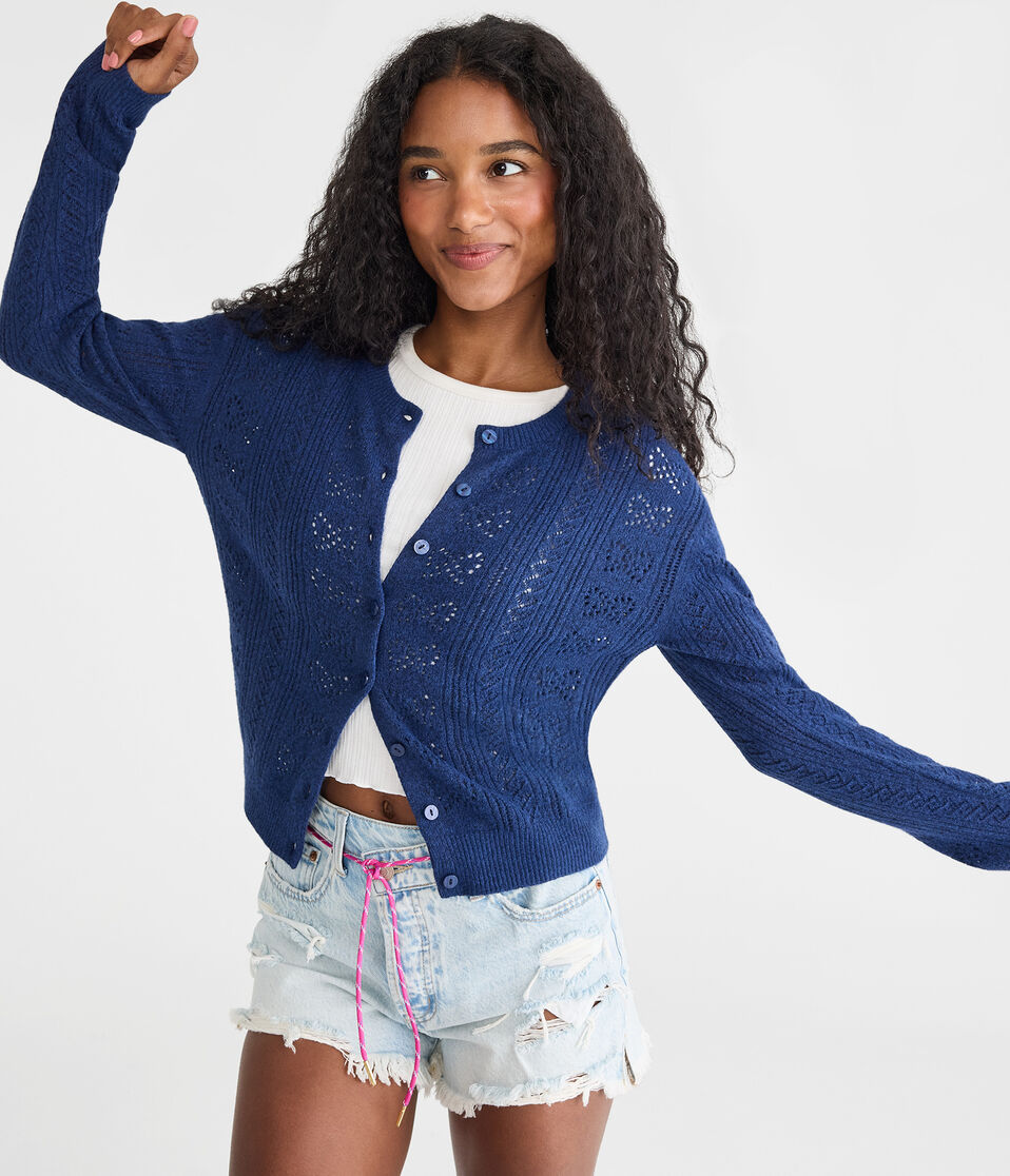 Pointelle Bow Crew Cardigan