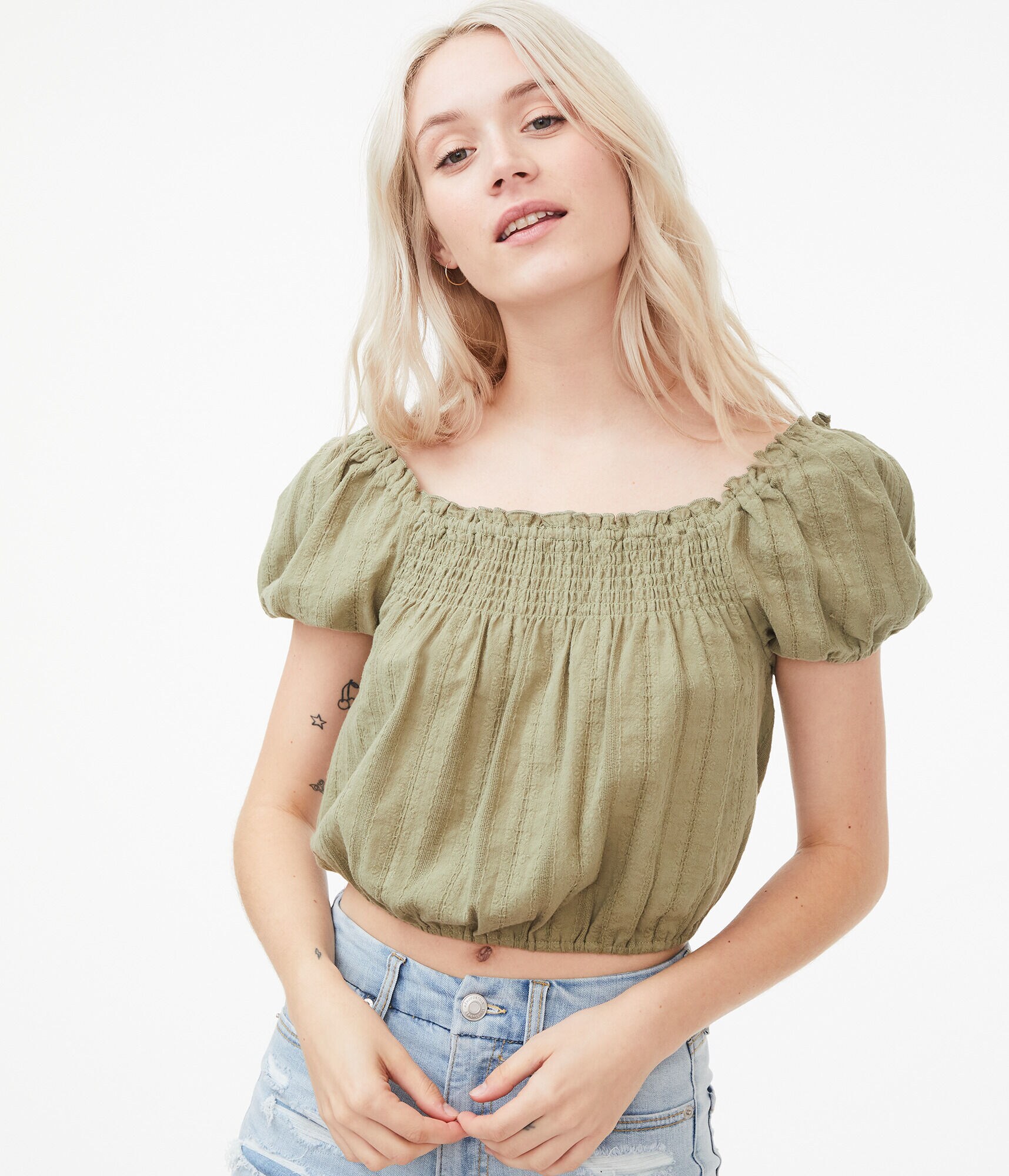 Smocked Square-Neck Top