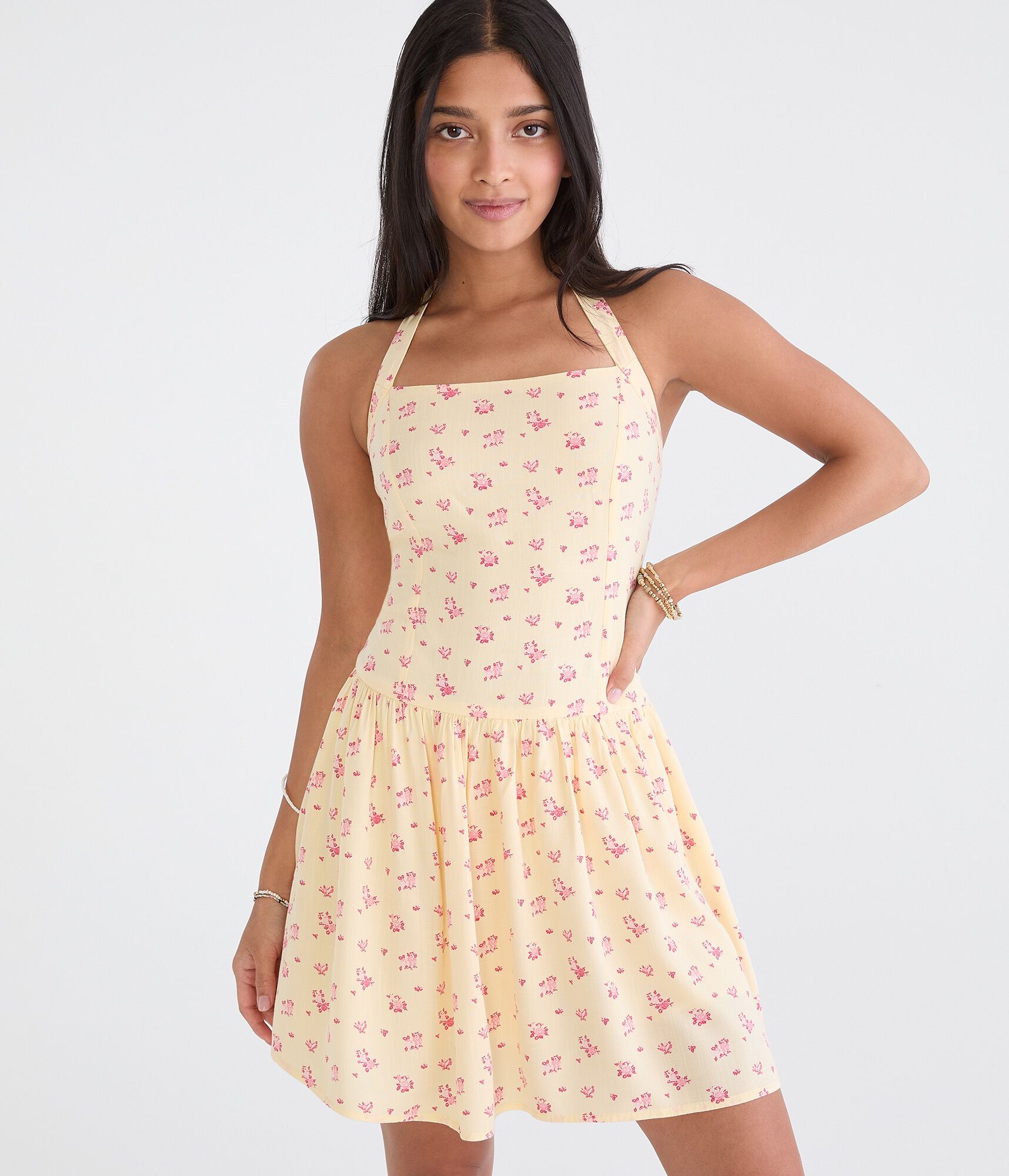 Floral Square-Neck Halter Drop-Waist Mini Dress