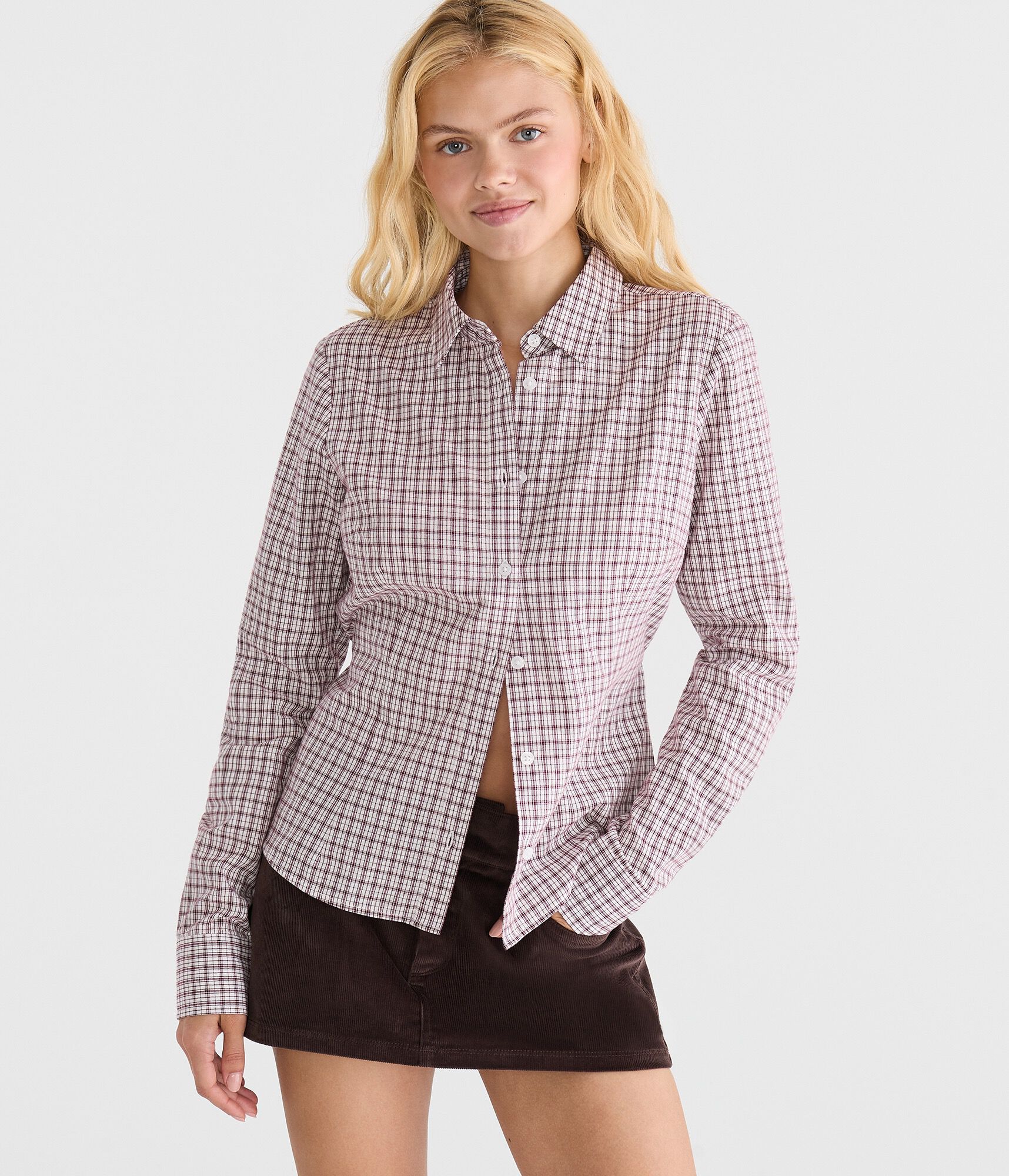 Long Sleeve Plaid Tie-Back Fitted Shirt