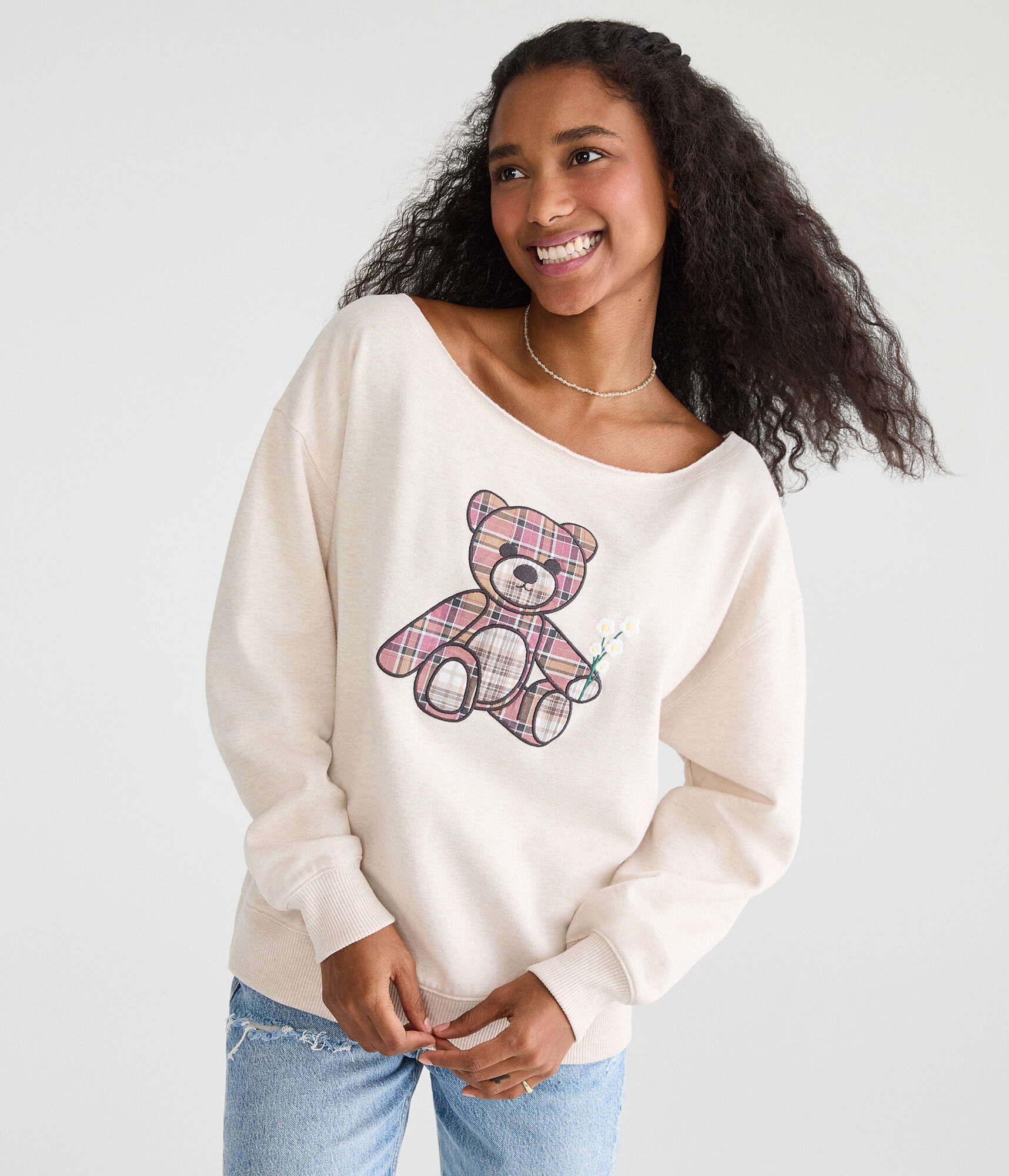 Plaid Teddy Bear Off-The-Shoulder Sweatshirt