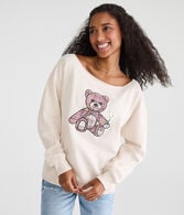Cloud Soft Plaid Teddy Bear Off-The-Shoulder Sweatshirt