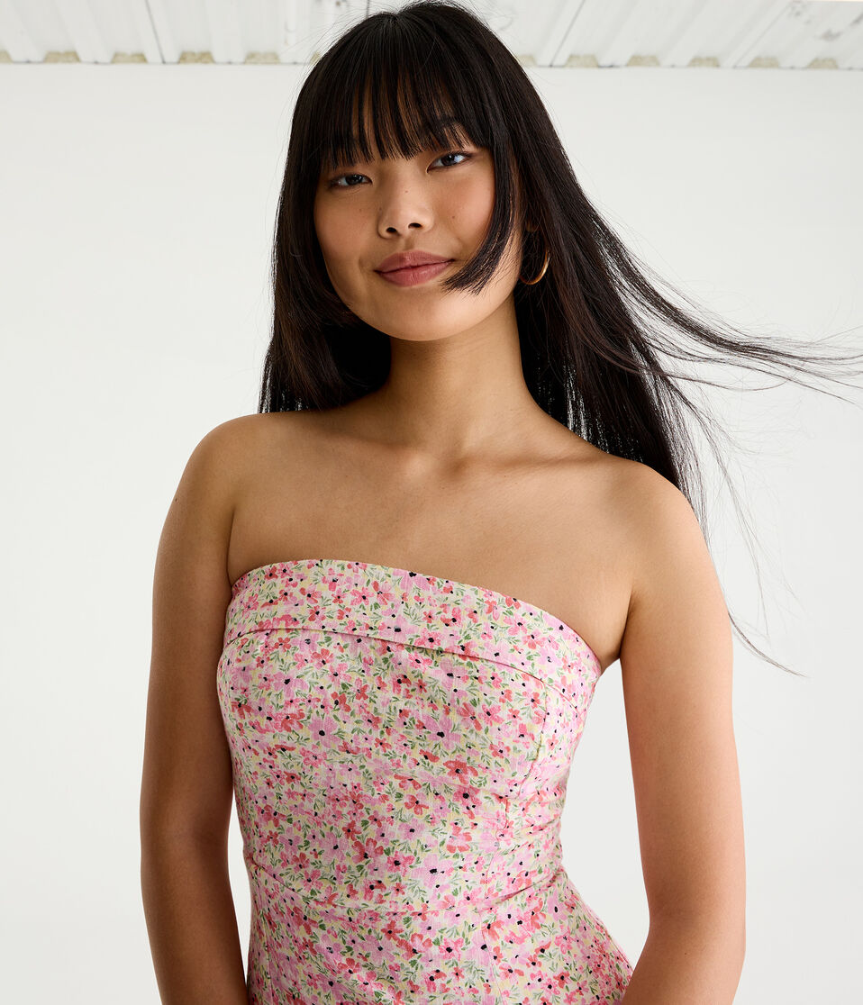 pink floral bandeau dress VOLUPT CURVE Women's Summer Floral Pink Floral Bandeau Mesh High-Waist Beaded Patchwork Elegant Luxe Dress For Evening Party Prom Graduation