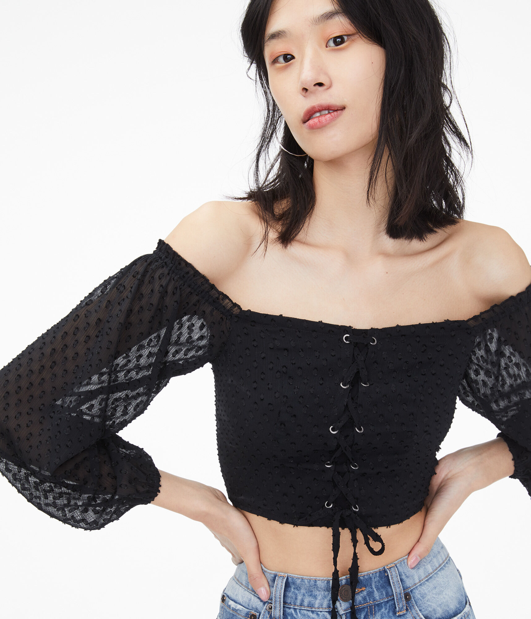 Lace-Up Off-The-Shoulder Crop Top