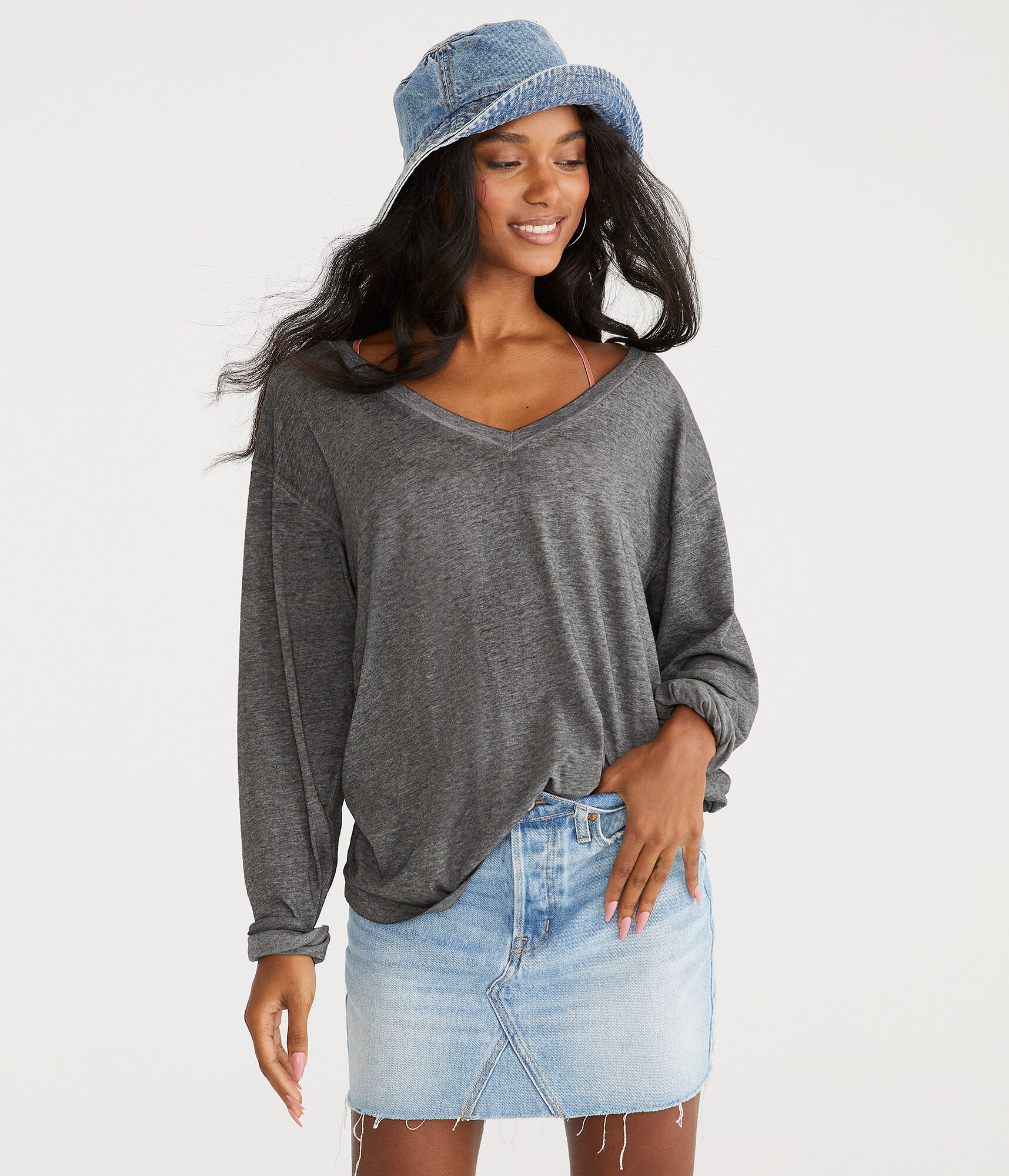 Long Sleeve Washed Loose Fit V-Neck Tee