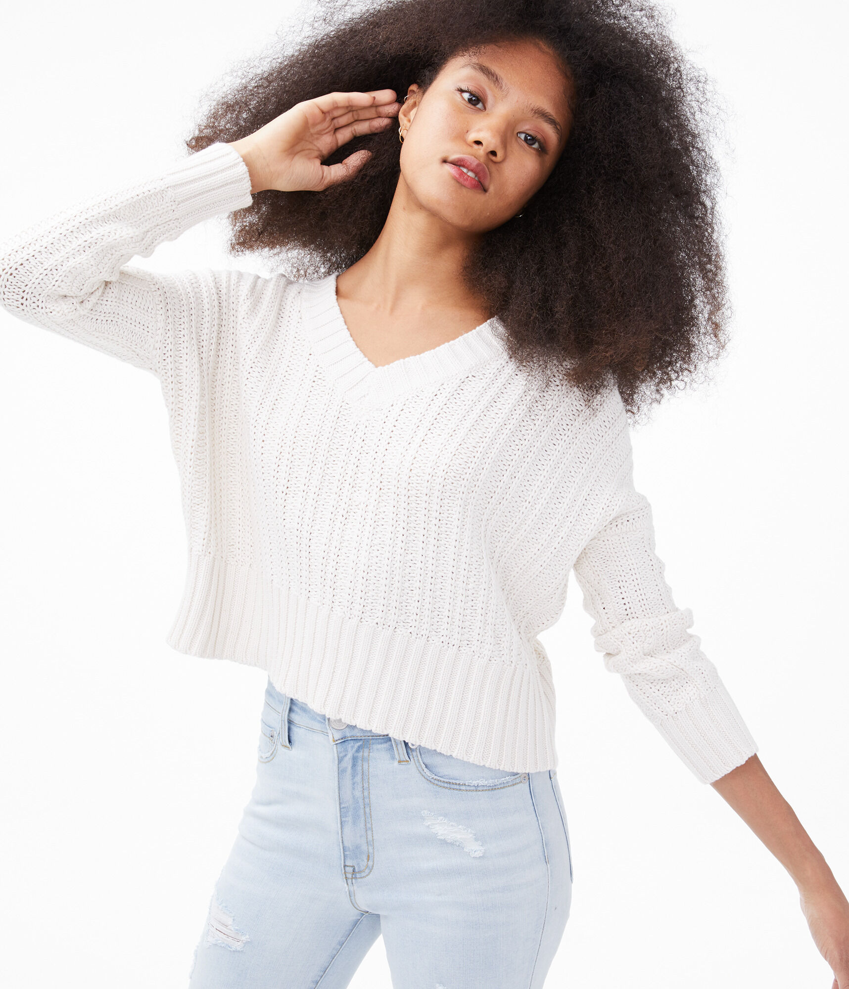 Cropped V-Neck Sweater