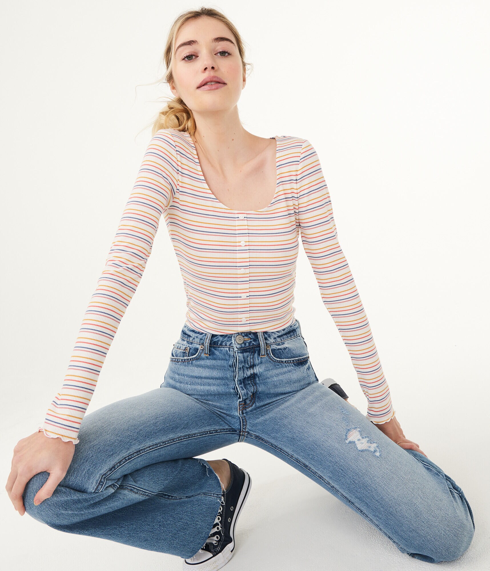 Long Sleeve Striped Lettuce-Trim Henley