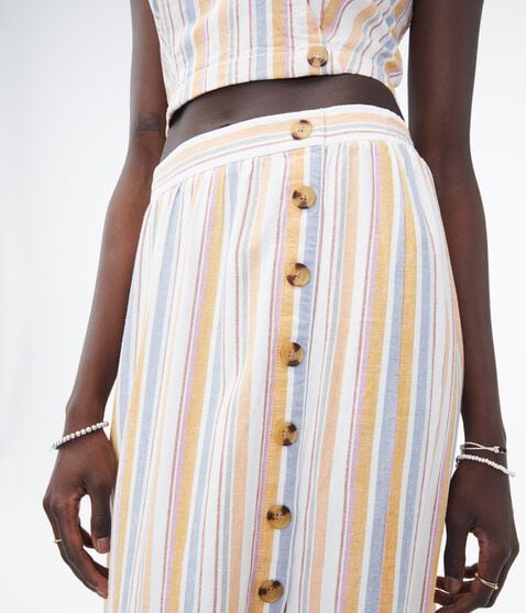 Striped Button-Front Midi Skirt