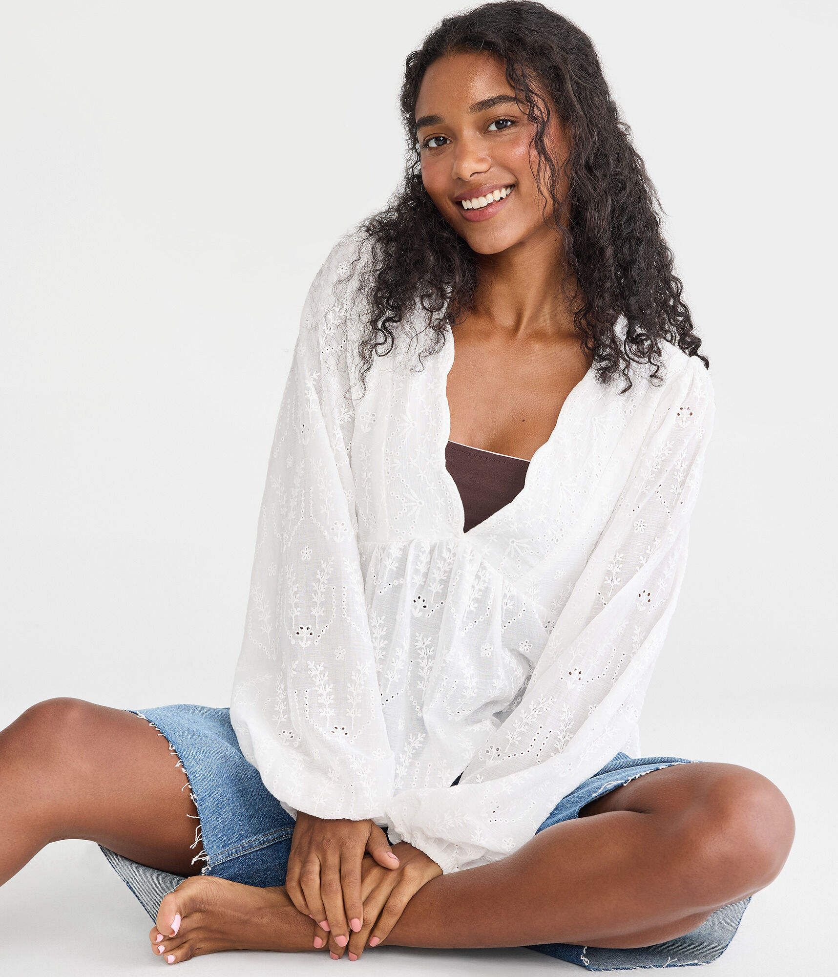 Long Sleeve Eyelet V-Neck Babydoll Blouse