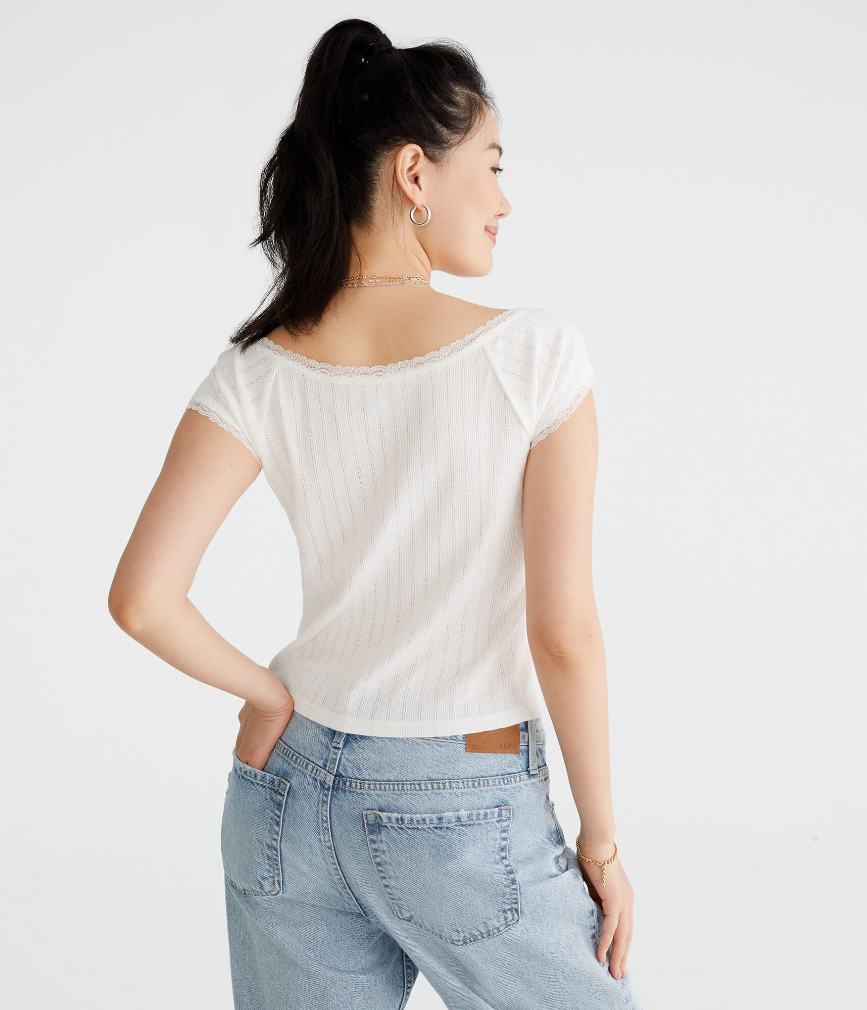Lace Trim Boat-Neck Shrunken Tee
