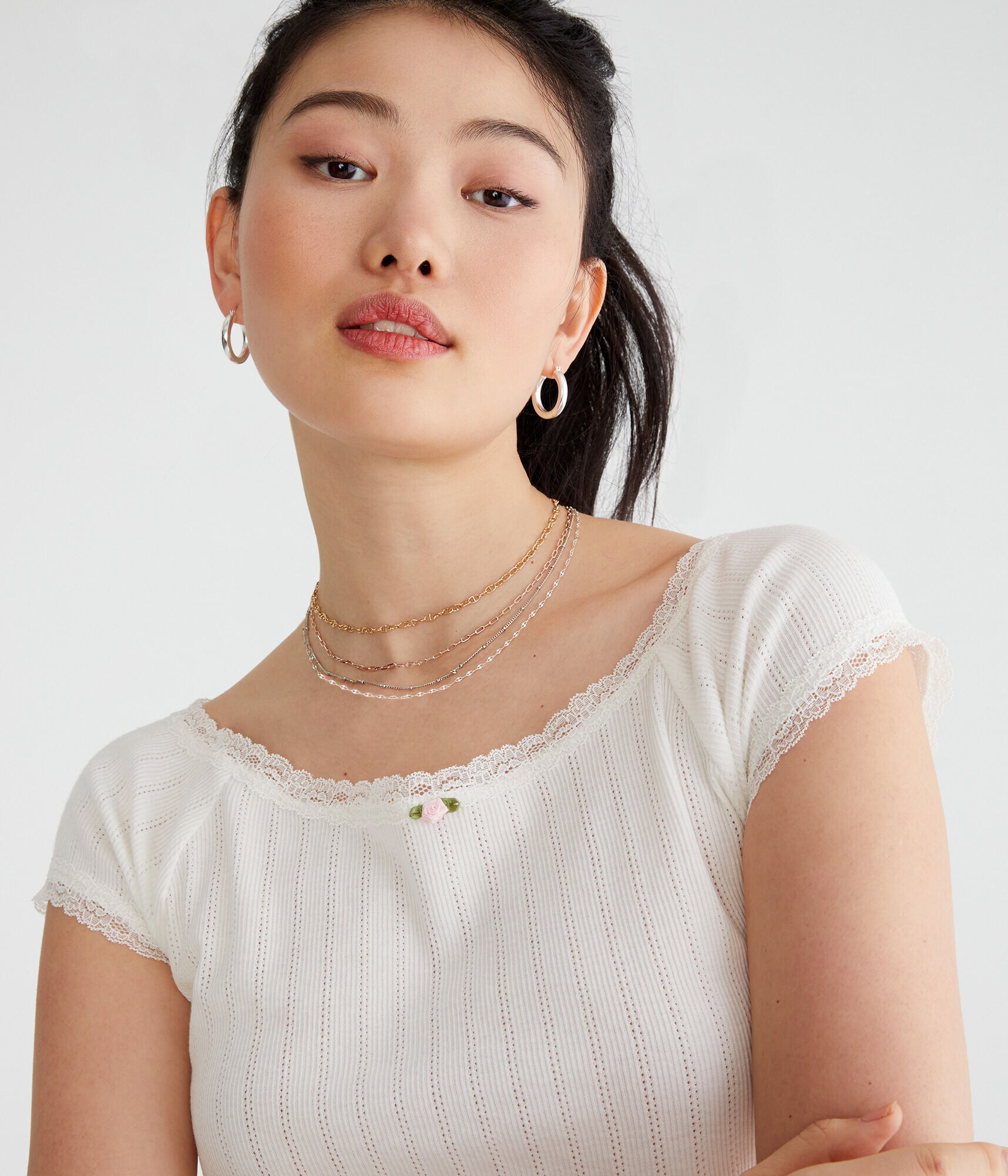 Lace Trim Boat-Neck Shrunken Tee