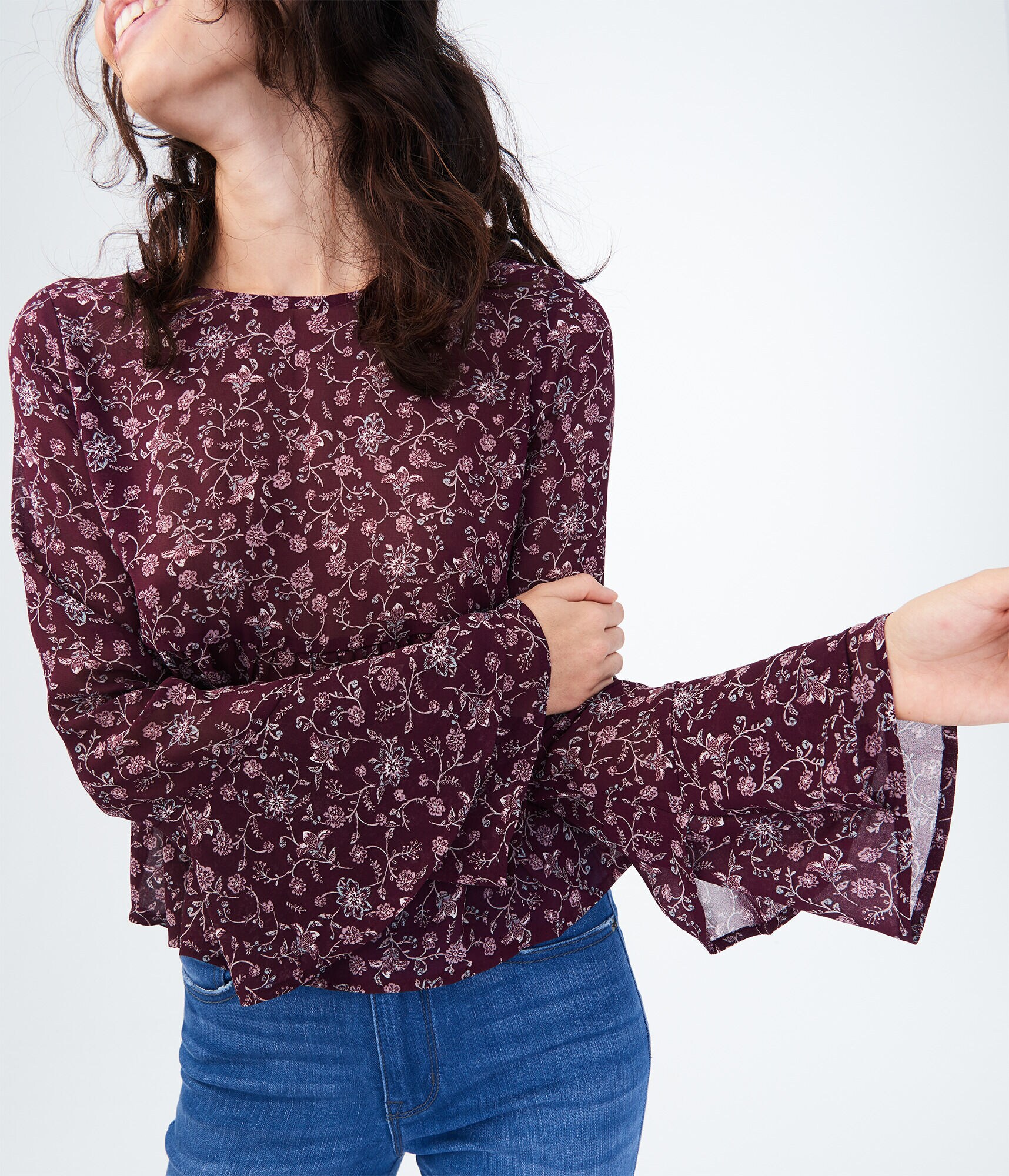 Long Bell Sleeve Floral Ruffle Top