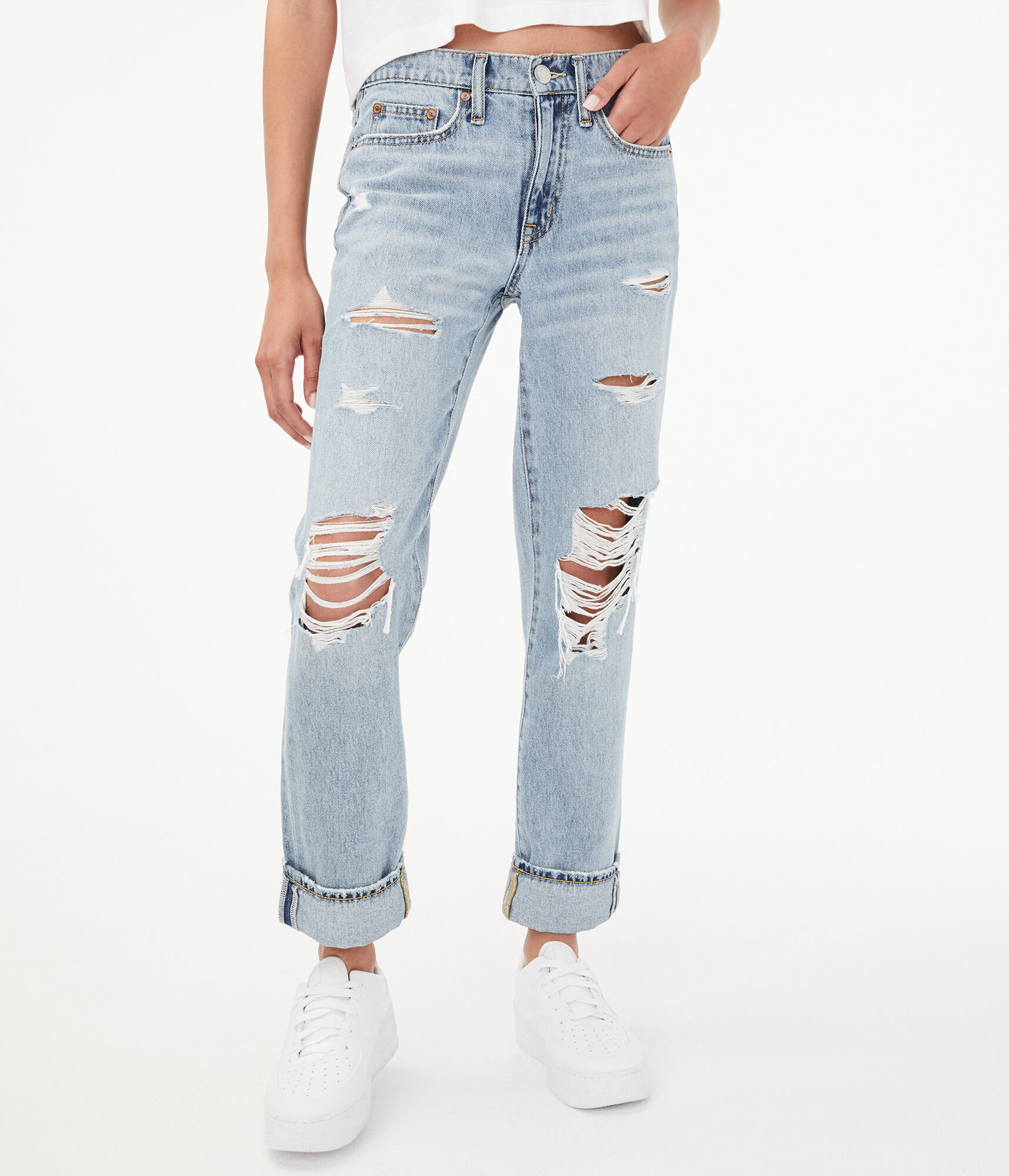 Real Denim Low Rise Destroyed Boyfriend Ankle Jean