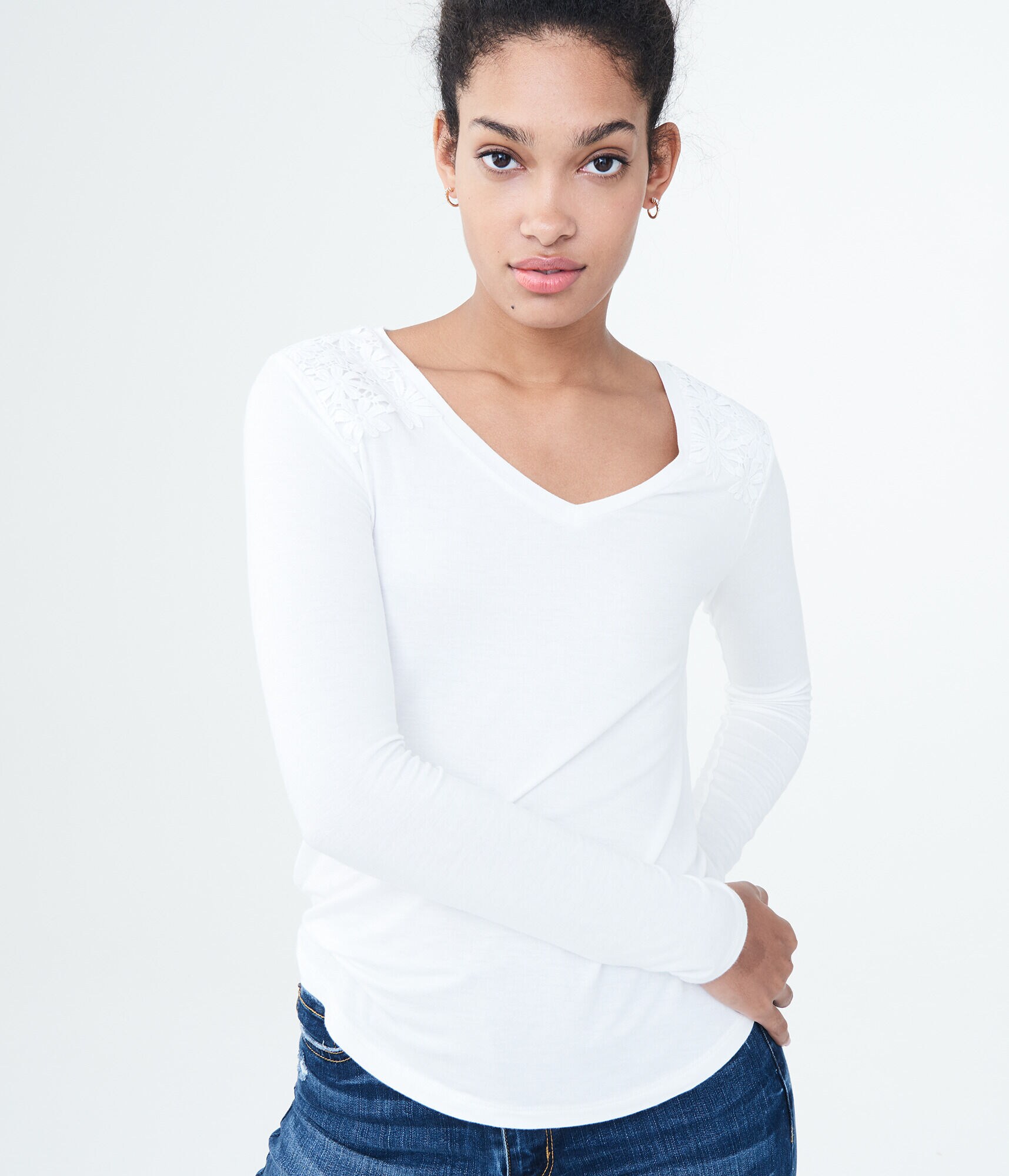 Long Sleeve Seriously Soft Lace Shoulder V-Neck Tee