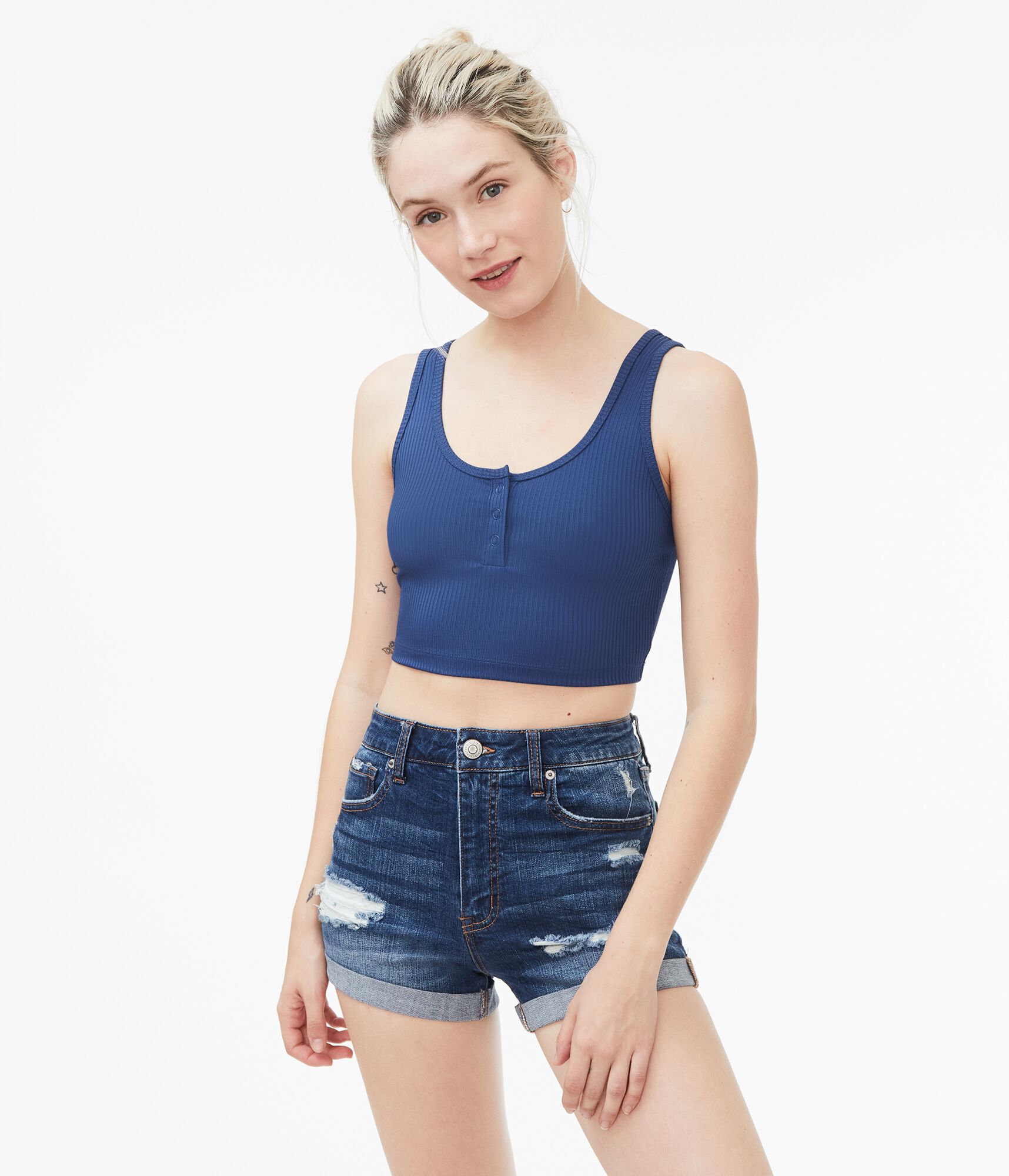 Ribbed Henley Cropped Tank