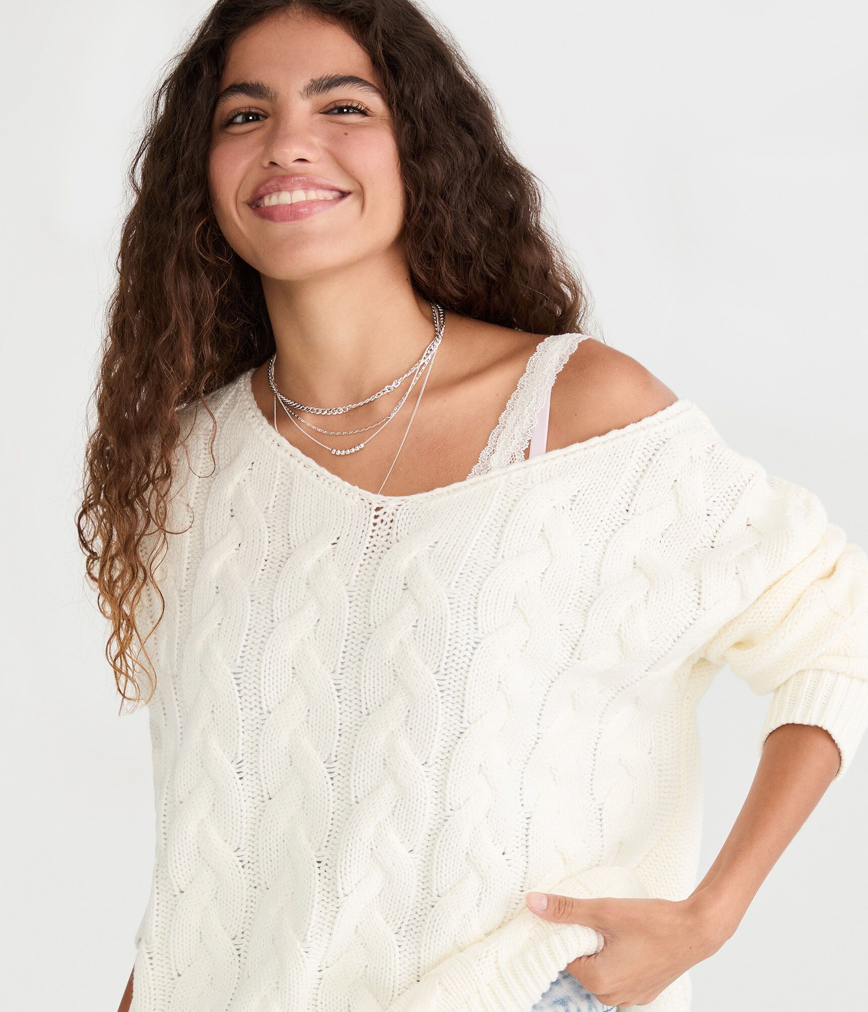 Slouchy Cable Knit V-Neck Sweater