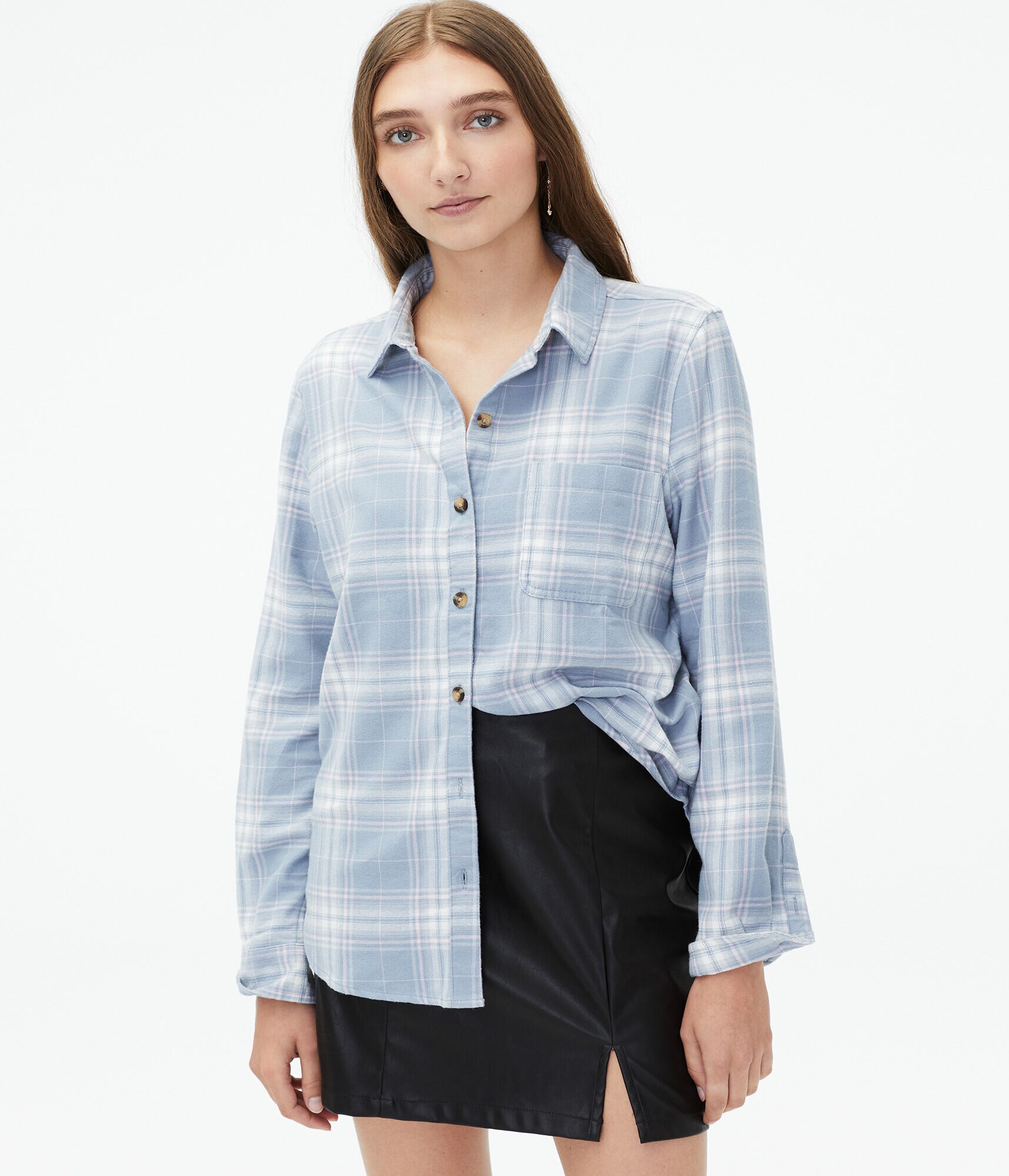 Long Sleeve Plaid Flannel Boyfriend Button-Down Shirt