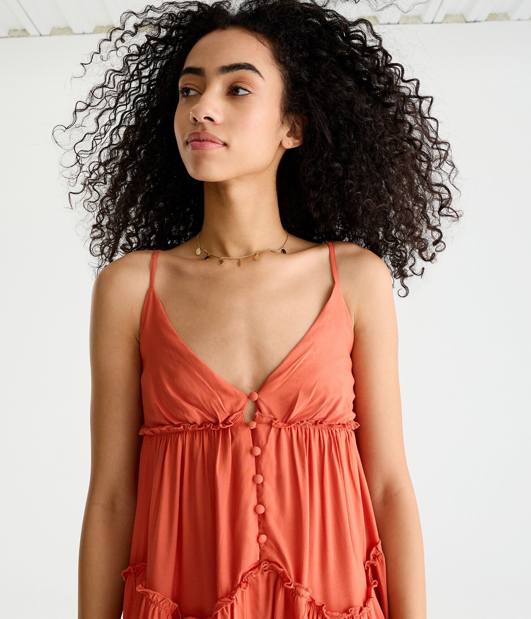 Solid V-Neck Wavy Ruffle Babydoll Dress