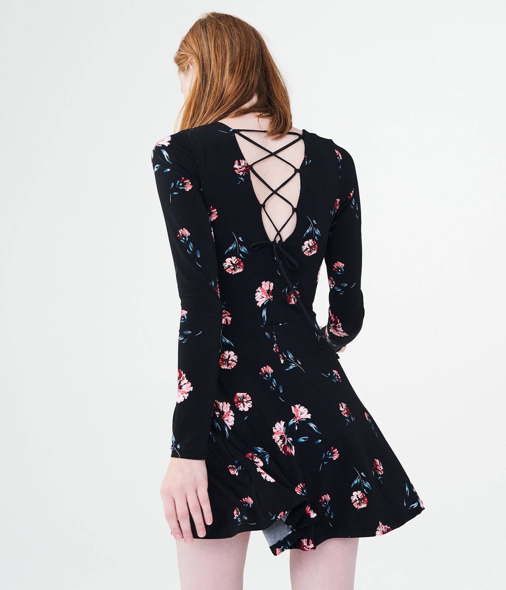 Floral V-Neck Lace-Up-Back Fit &amp; Flare Dress