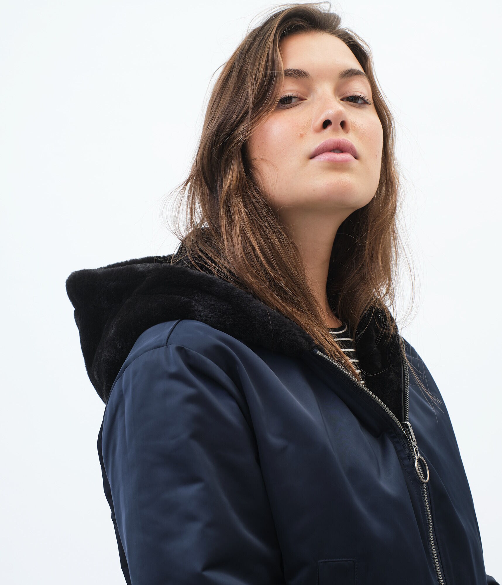 Reversible Woven &amp; Faux Fur Hooded Jacket