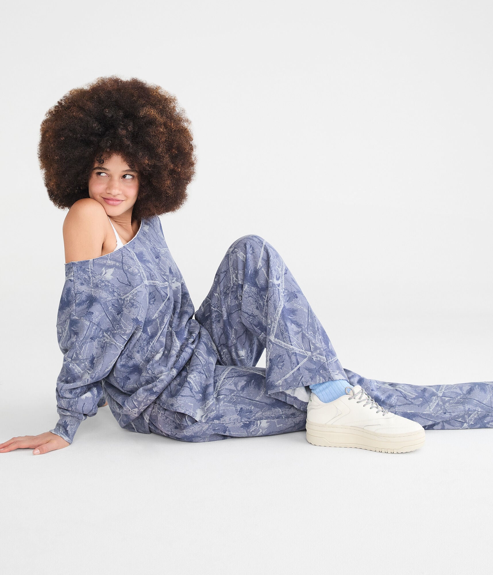 Cloud Soft Forest Camo Off-The-Shoulder Sweatshirt