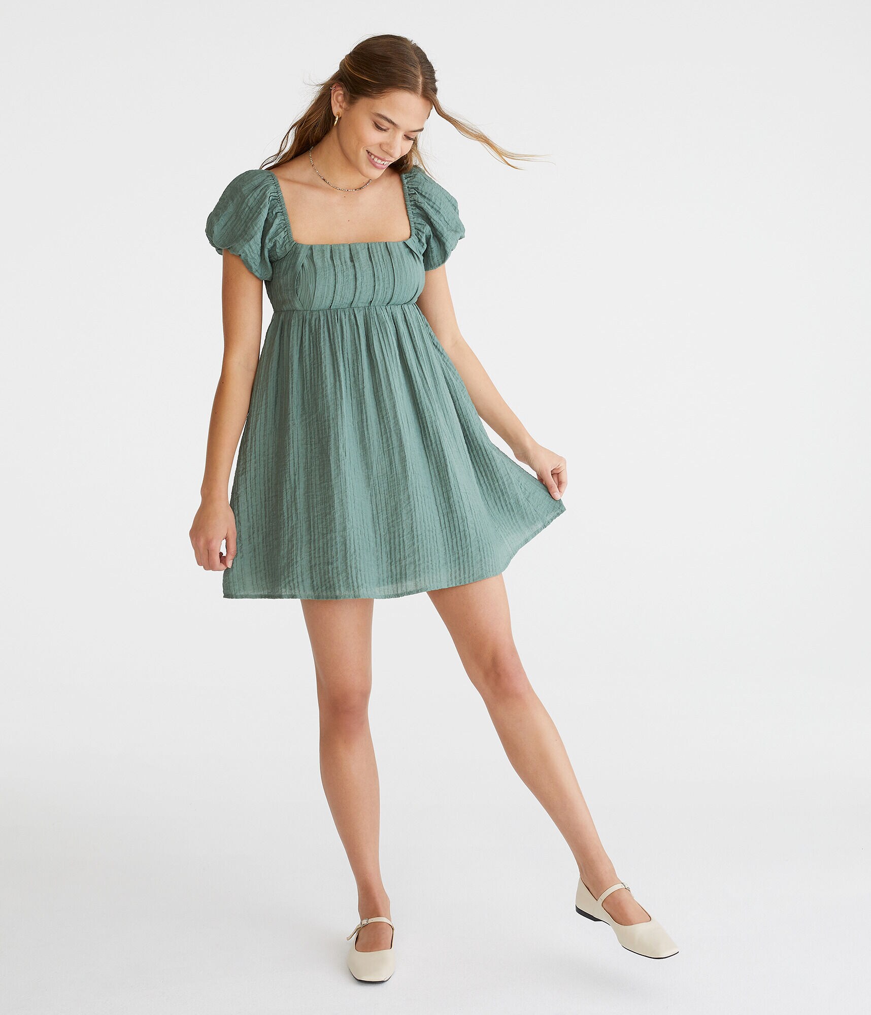 Solid Square-Neck Pleated Babydoll Dress