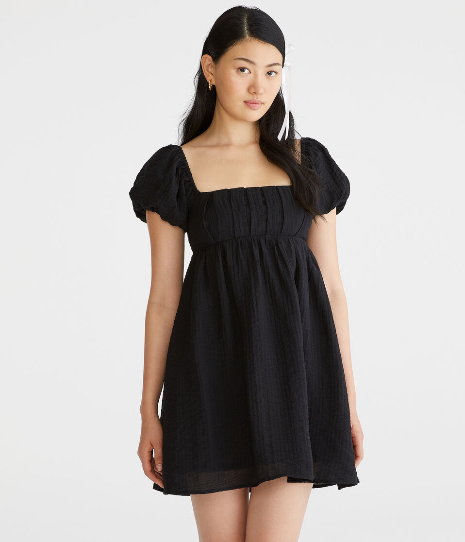 Solid Square-Neck Pleated Babydoll Dress - Main Image