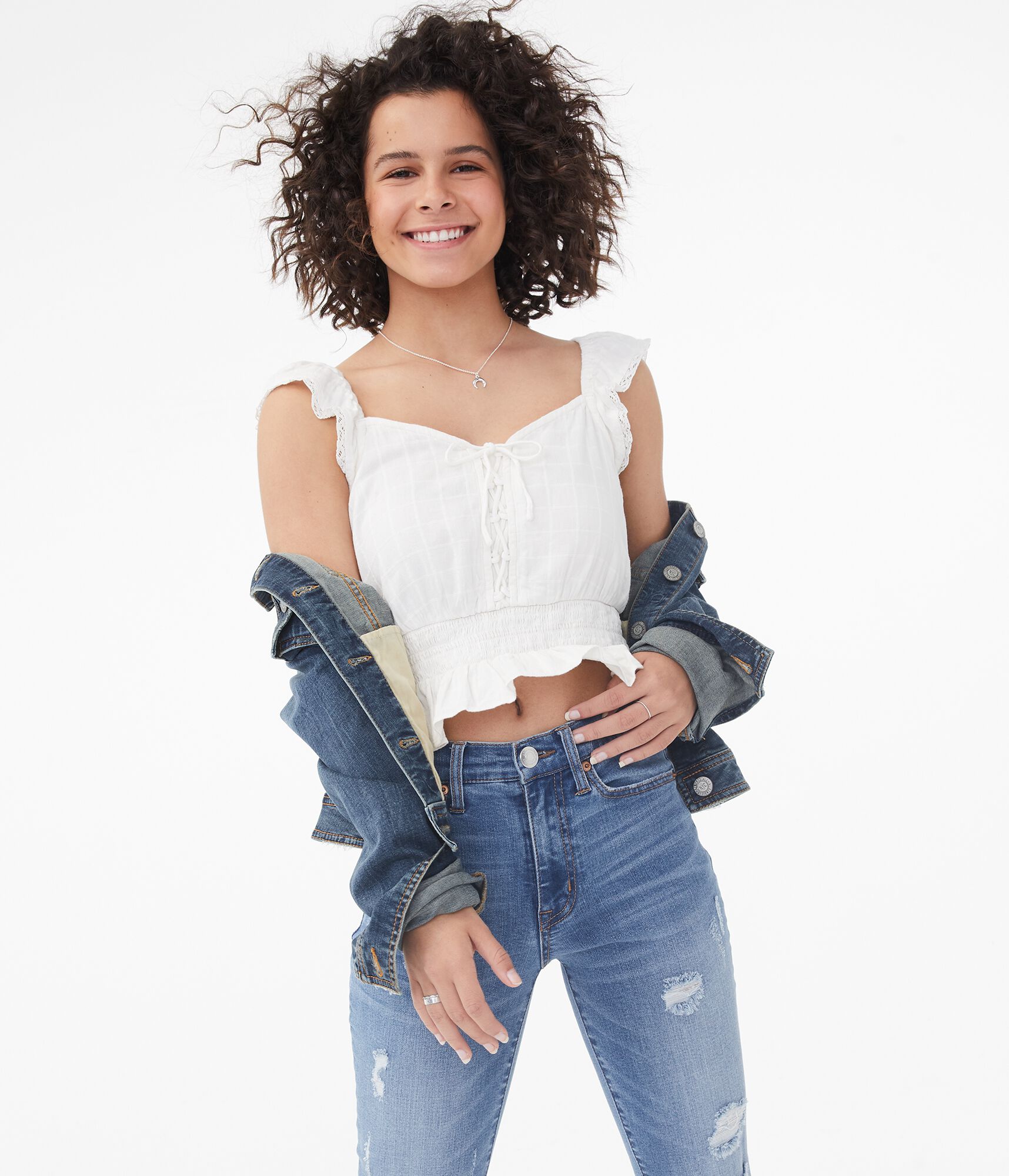 Lace-Up Smocked Peplum Cropped Tank