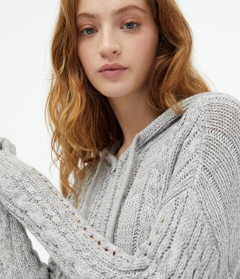 Cable-Knit Hooded Full-Zip Cropped Cardigan Cable-Knit Hooded Full-Zip Cropped Cardigan