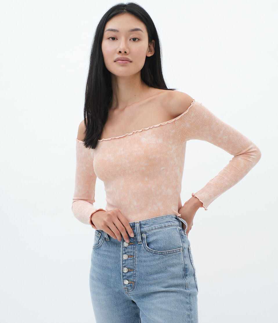 Long Sleeve Seamless Acid Wash Off-The-Shoulder Crop Top