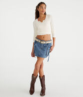 Long Sleeve Waffle Notch-Neck Shrunken Tee